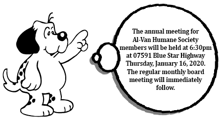 Infographic depicting the anual meeting notice to be held for members at 6:30PM on Thursday January 16th 2020 at 07591 Blue Star Highway.